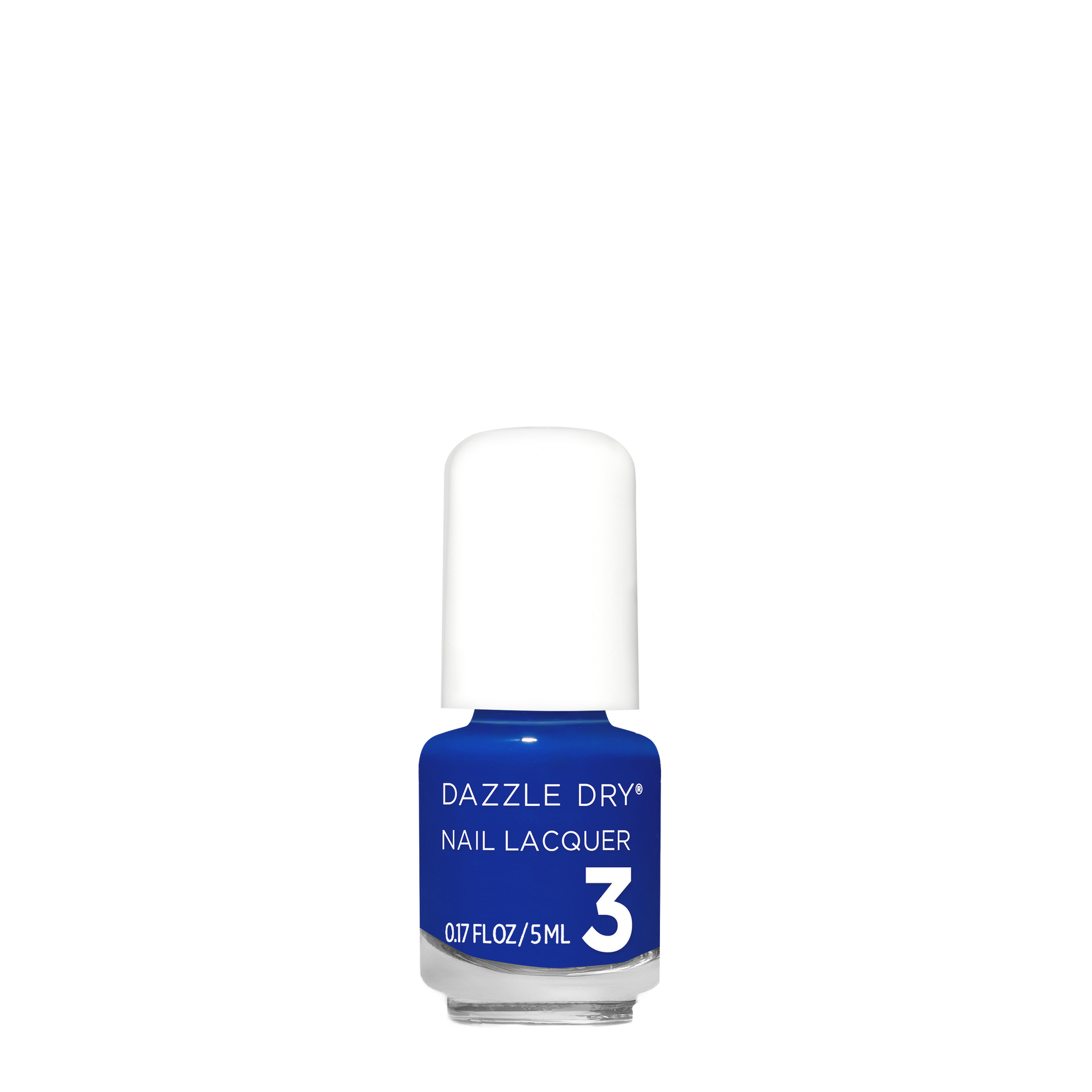 Blue nail polish bottle with white cap on a white background